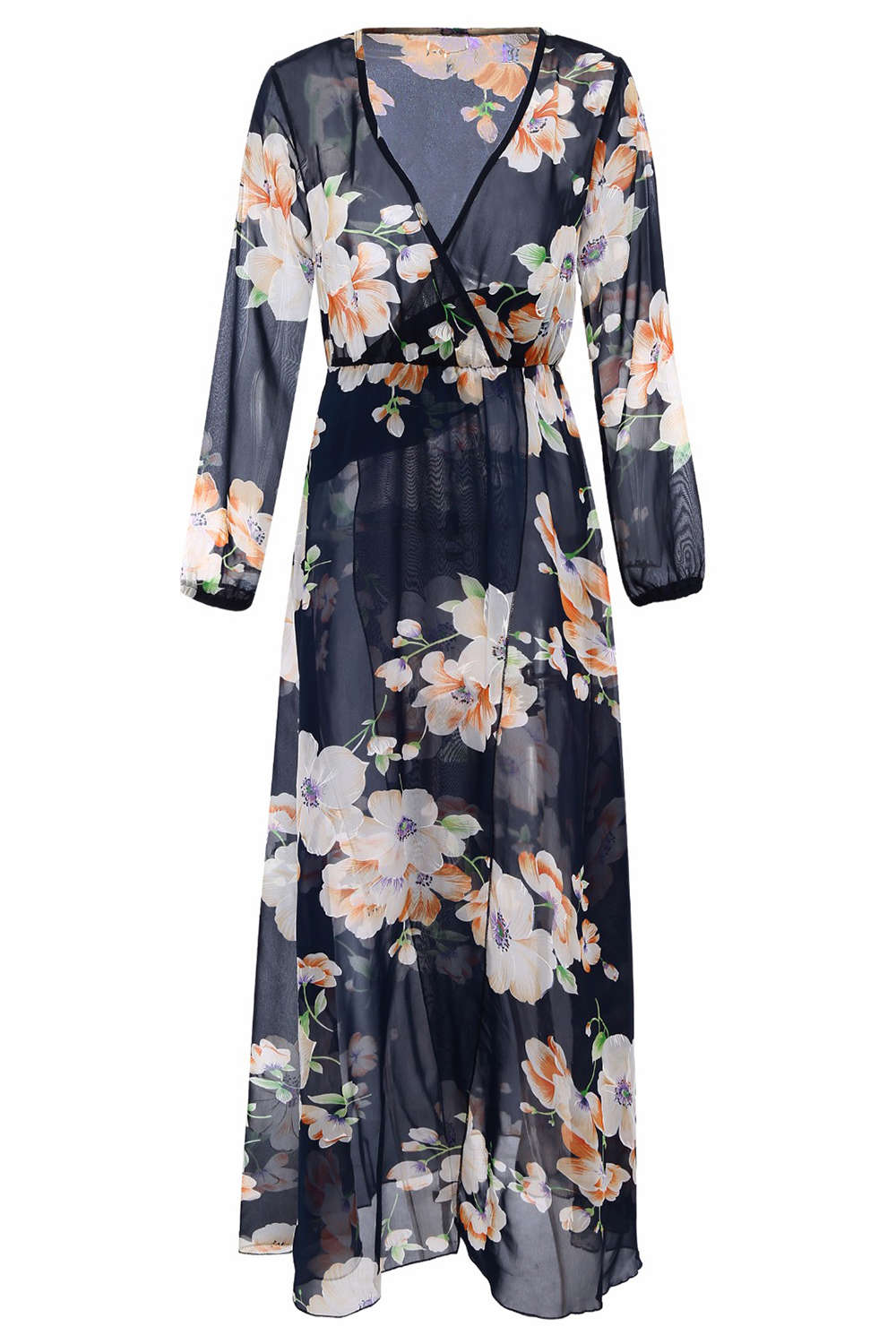 Iyasson Women Cross V-neck Floral Print Wrap Maxi Dress