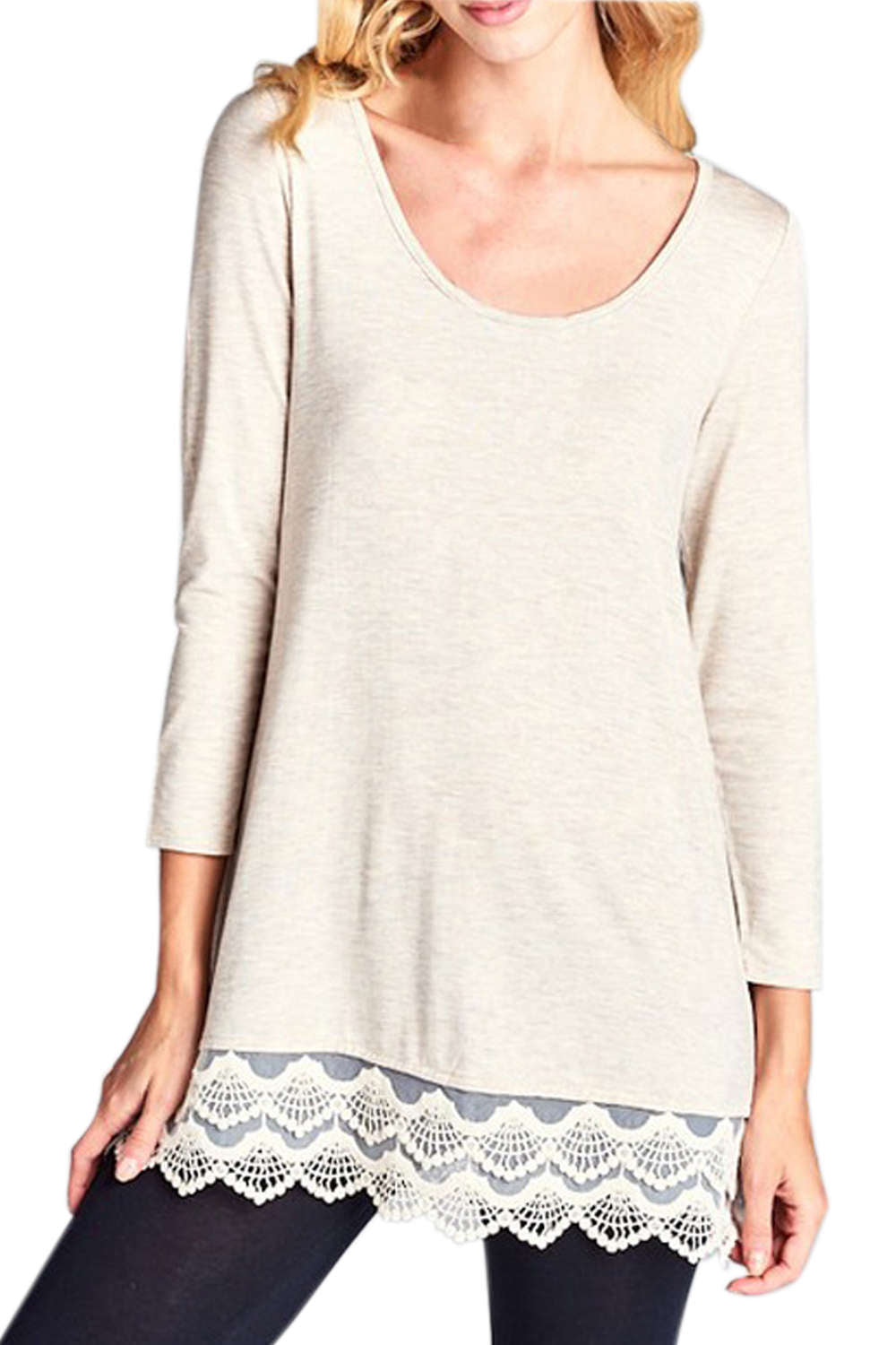 Iyasson Lace Trim Long Sleeve Loose T-shirt