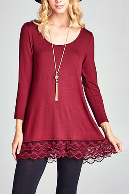 Iyasson Lace Trim Long Sleeve Loose T-shirt