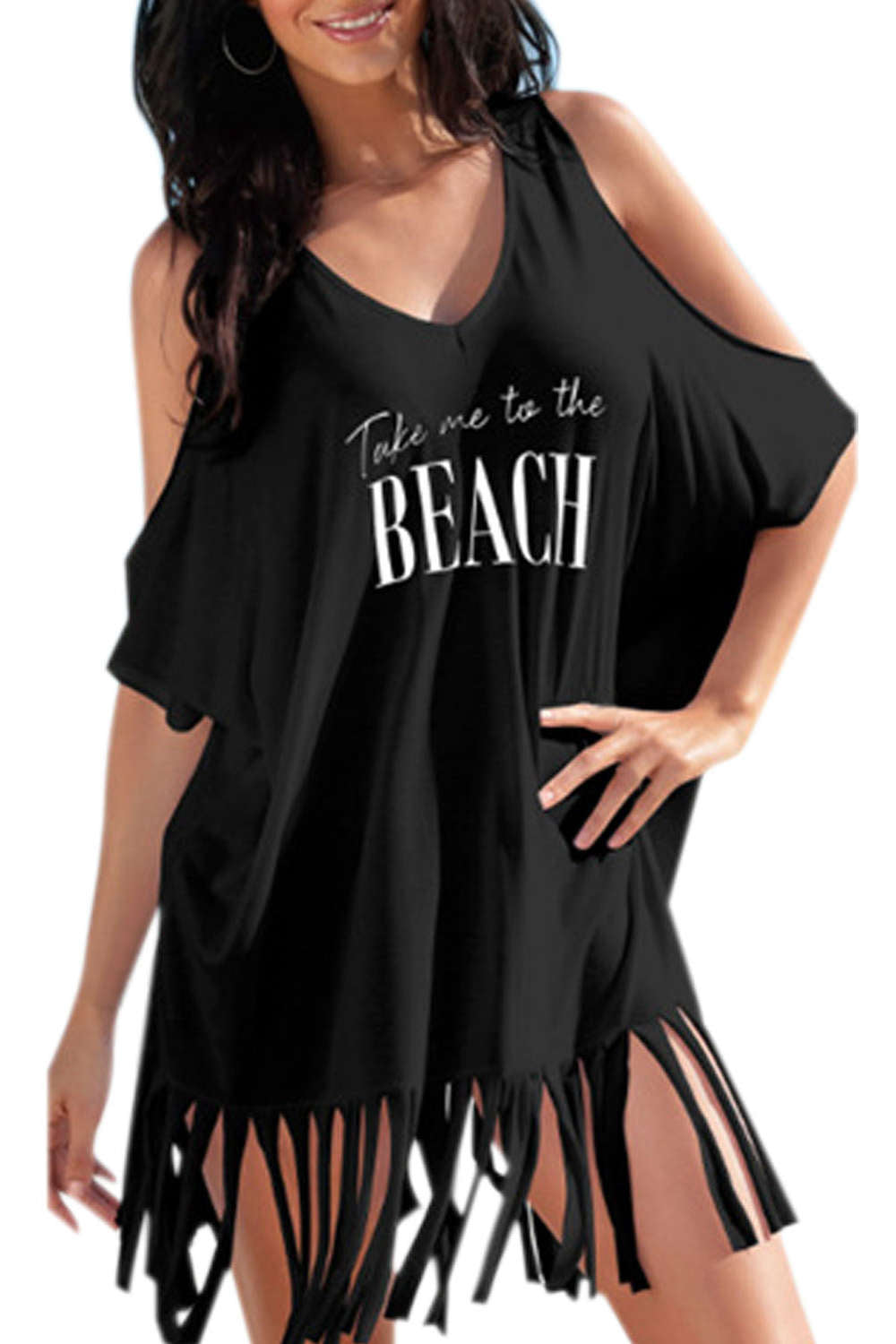 Iyasson Cold Shoulder V-neck Tassel Swim Cover-Up Dress