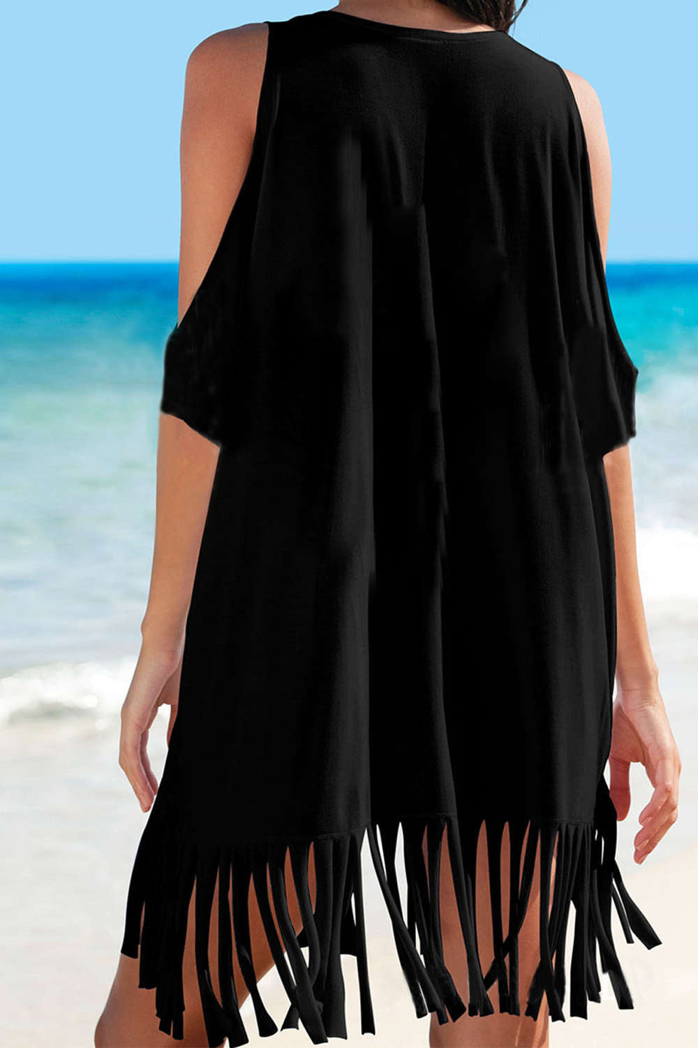 Iyasson Cold Shoulder V-neck Tassel Swim Cover-Up Dress