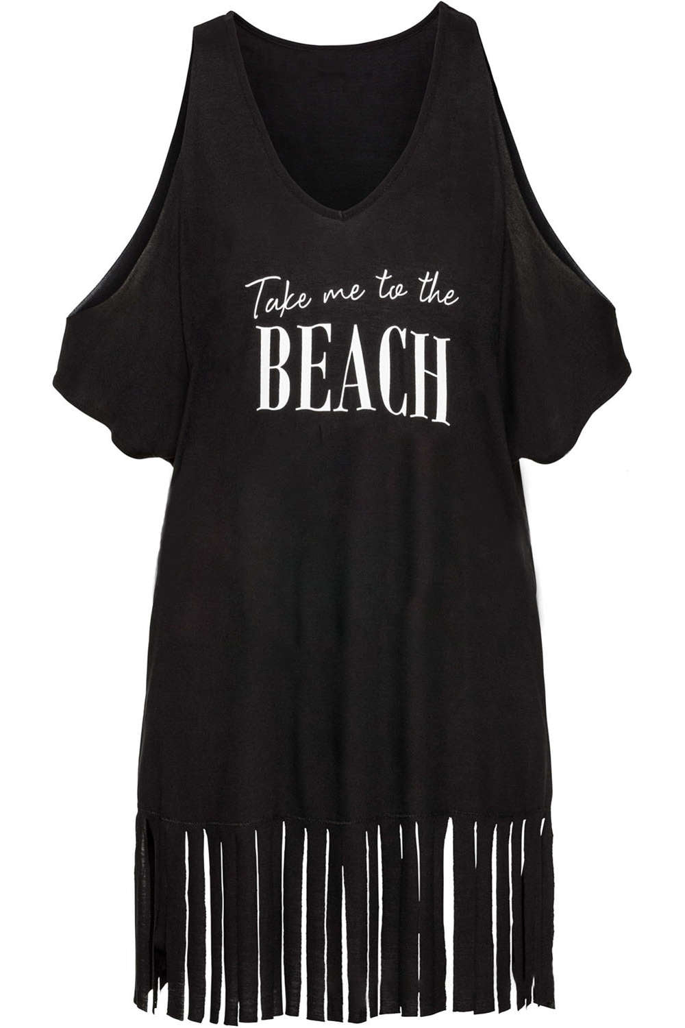 Iyasson Cold Shoulder V-neck Tassel Swim Cover-Up Dress