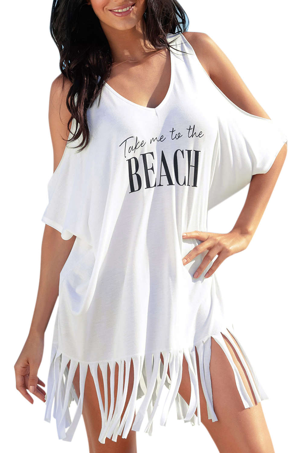 Iyasson Cold Shoulder V-neck Tassel Swim Cover-Up Dress