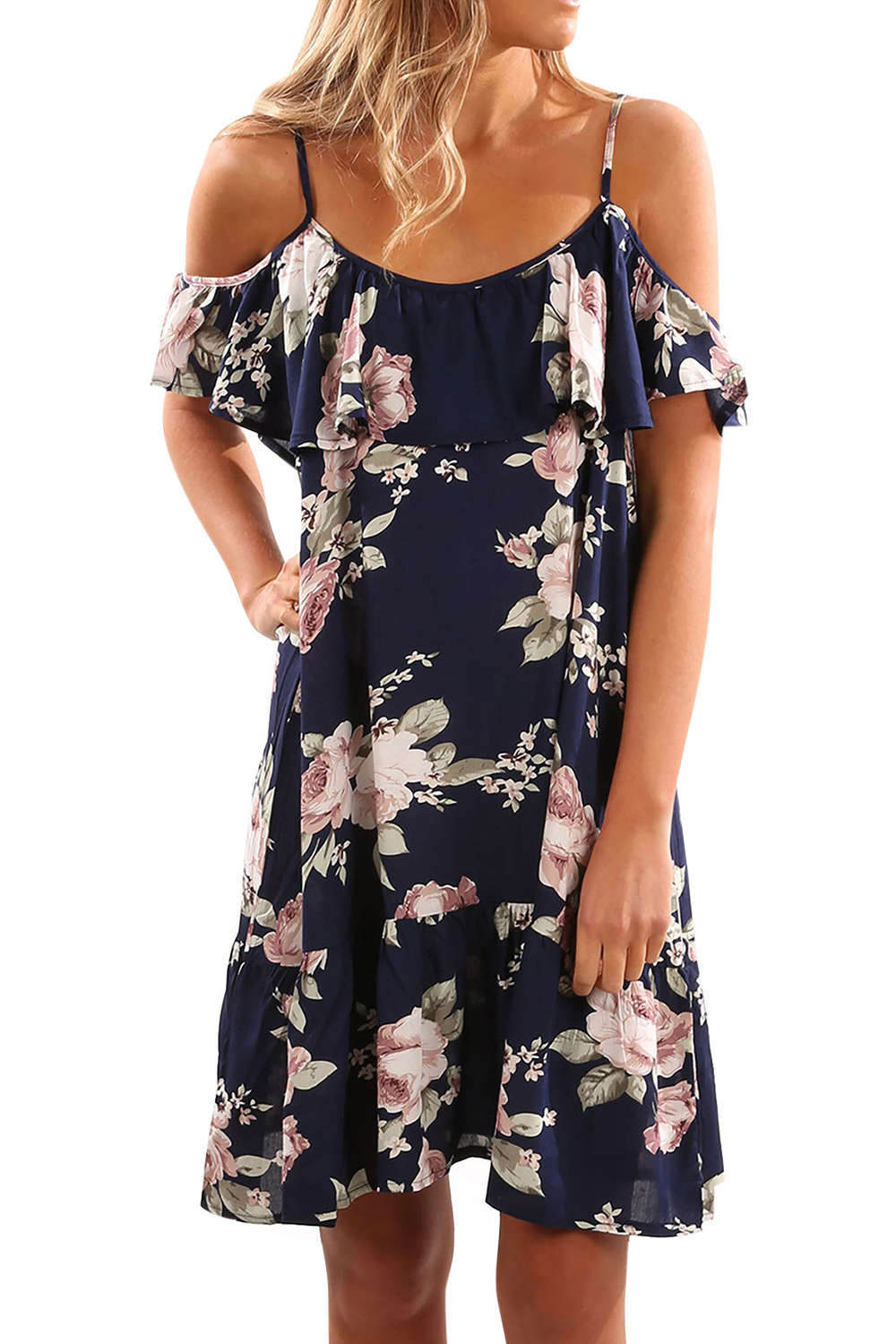 Iyasson Floral Printed Off Shoulder Ruffle Sleeves Mini Dress