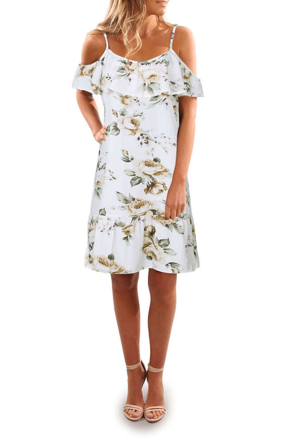 Iyasson Floral Printed Off Shoulder Ruffle Sleeves Mini Dress