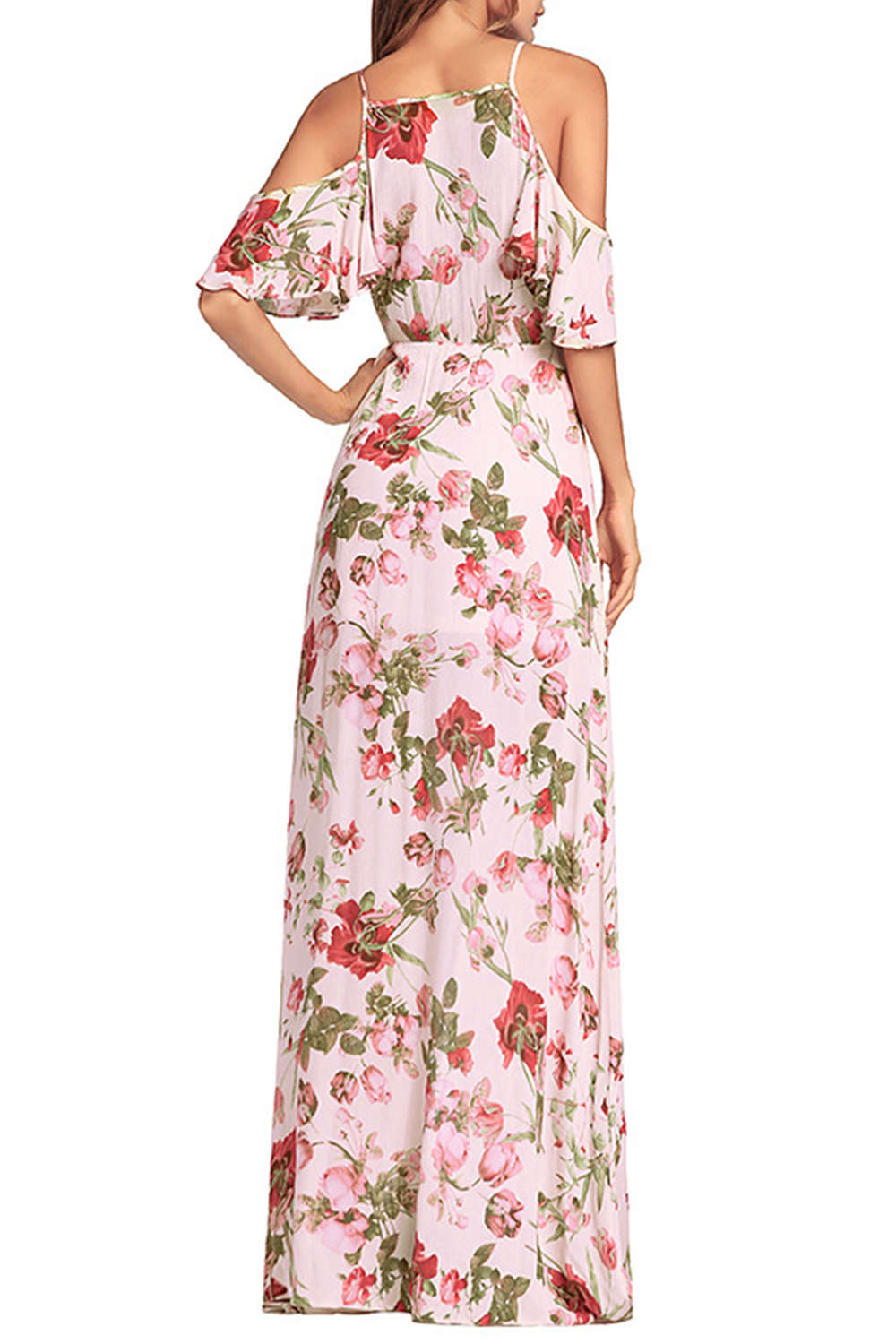Iyasson V Neck Floral Print Off Shoulder Maxi Dress