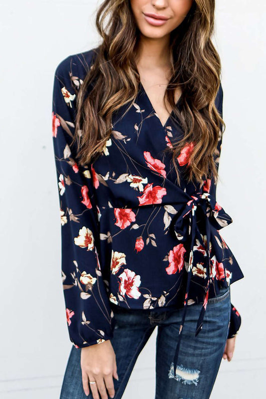 Iyasson Floral Tie Wrap Long Sleeve Blouse