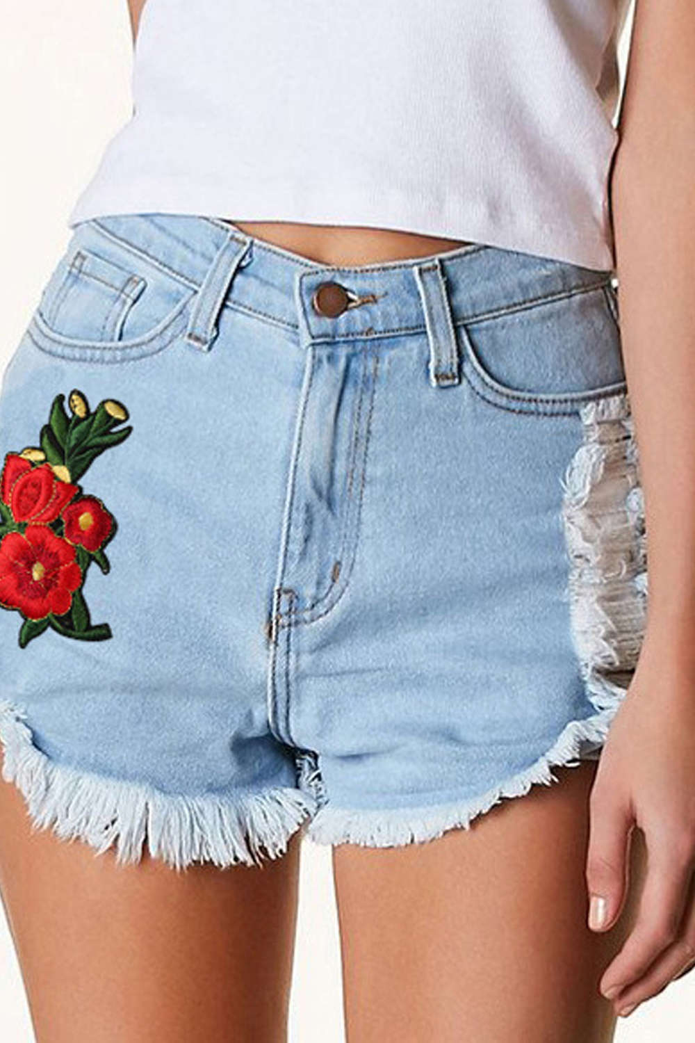 Iyasson Rose Embroidery Denim Shorts