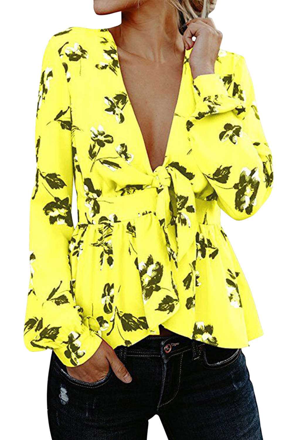 Iyasson Floral Printing V-neck Front Tie Wrapped Ruffled Hem Top