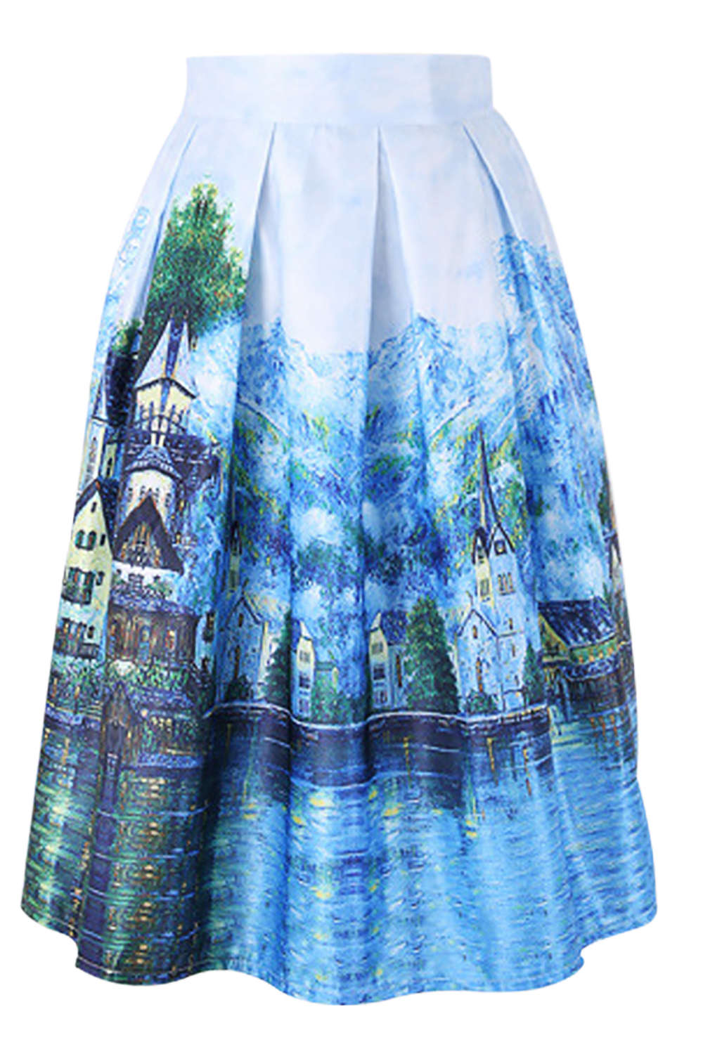 Iyasson Women's Elastic High Waist Flare Pleated A Line Midi Skirt