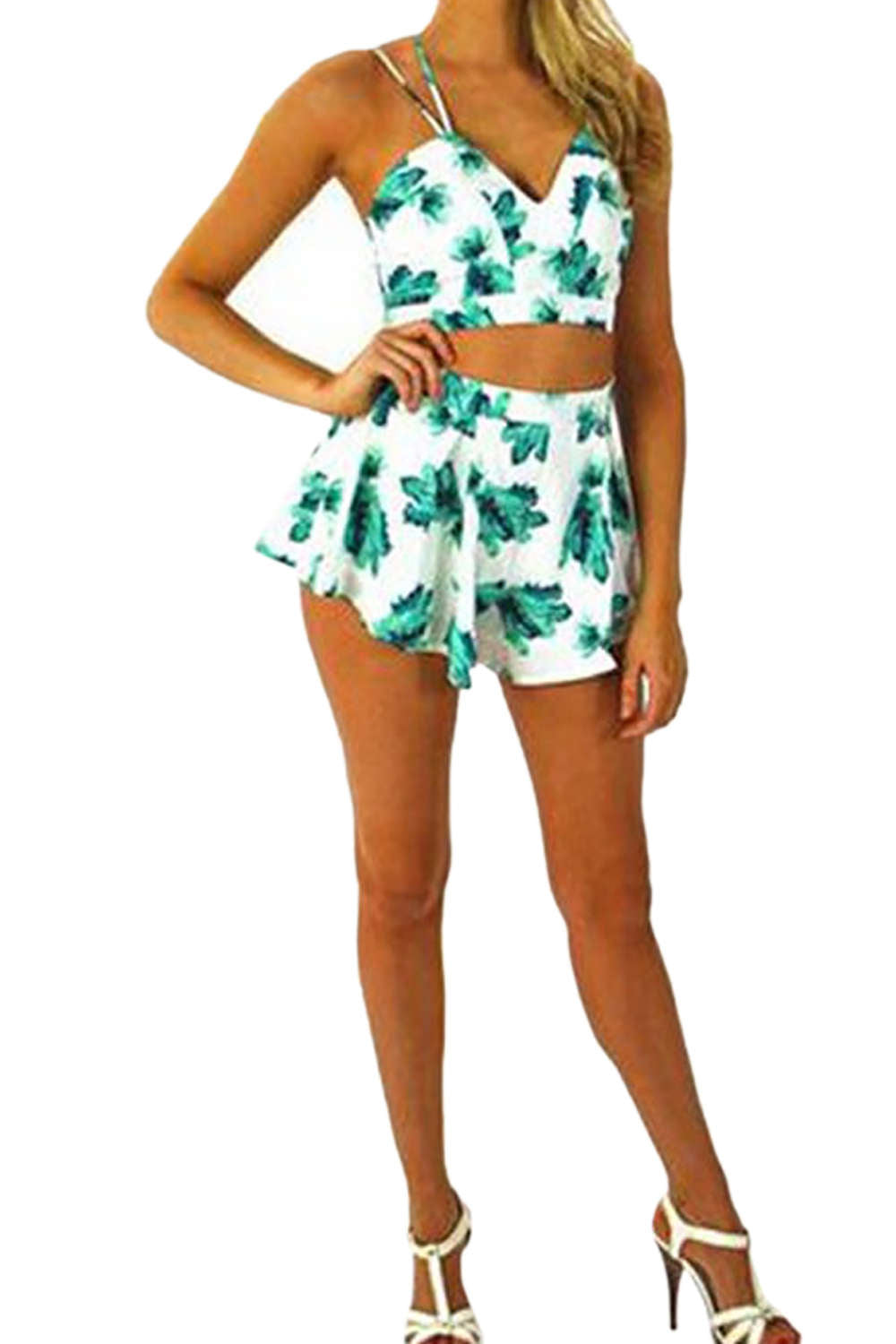 Iyasson Spaghetti Strap Crop Top High Waist Short Set