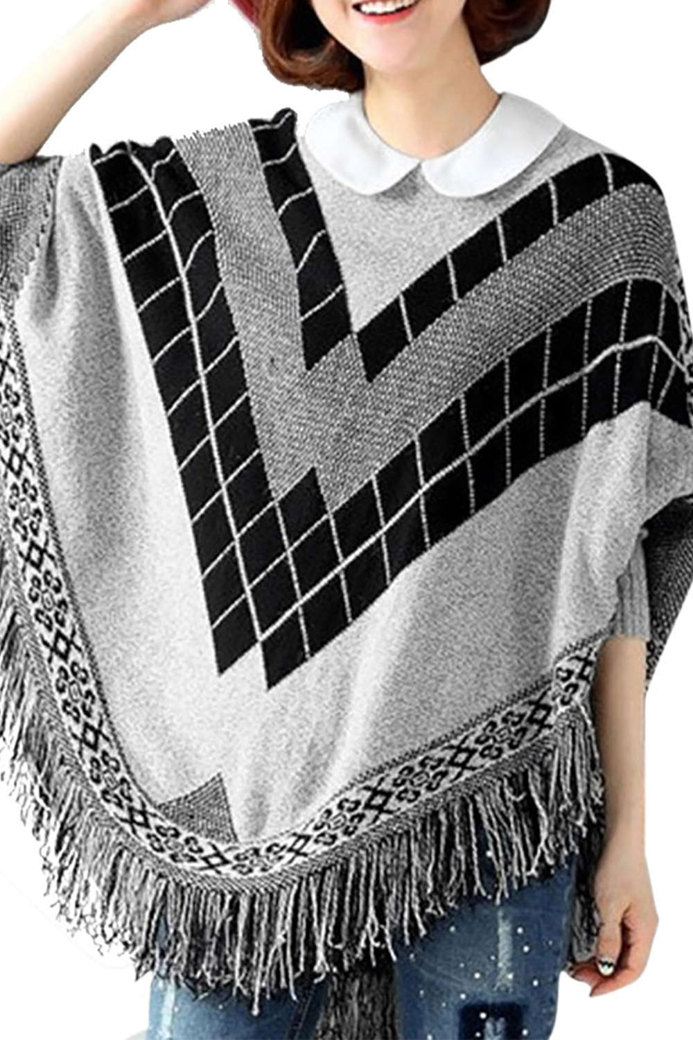 Iyasson Cute Tassel Poncho Batwing Cape Shawls Sweater