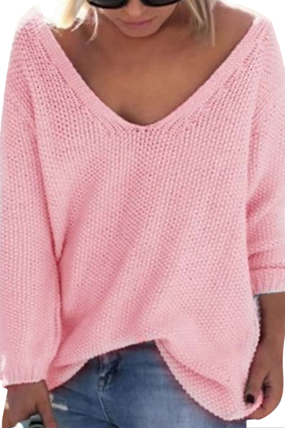 Iyasson Womens Solid V-Neck Knitted Pullover Spring Sweater