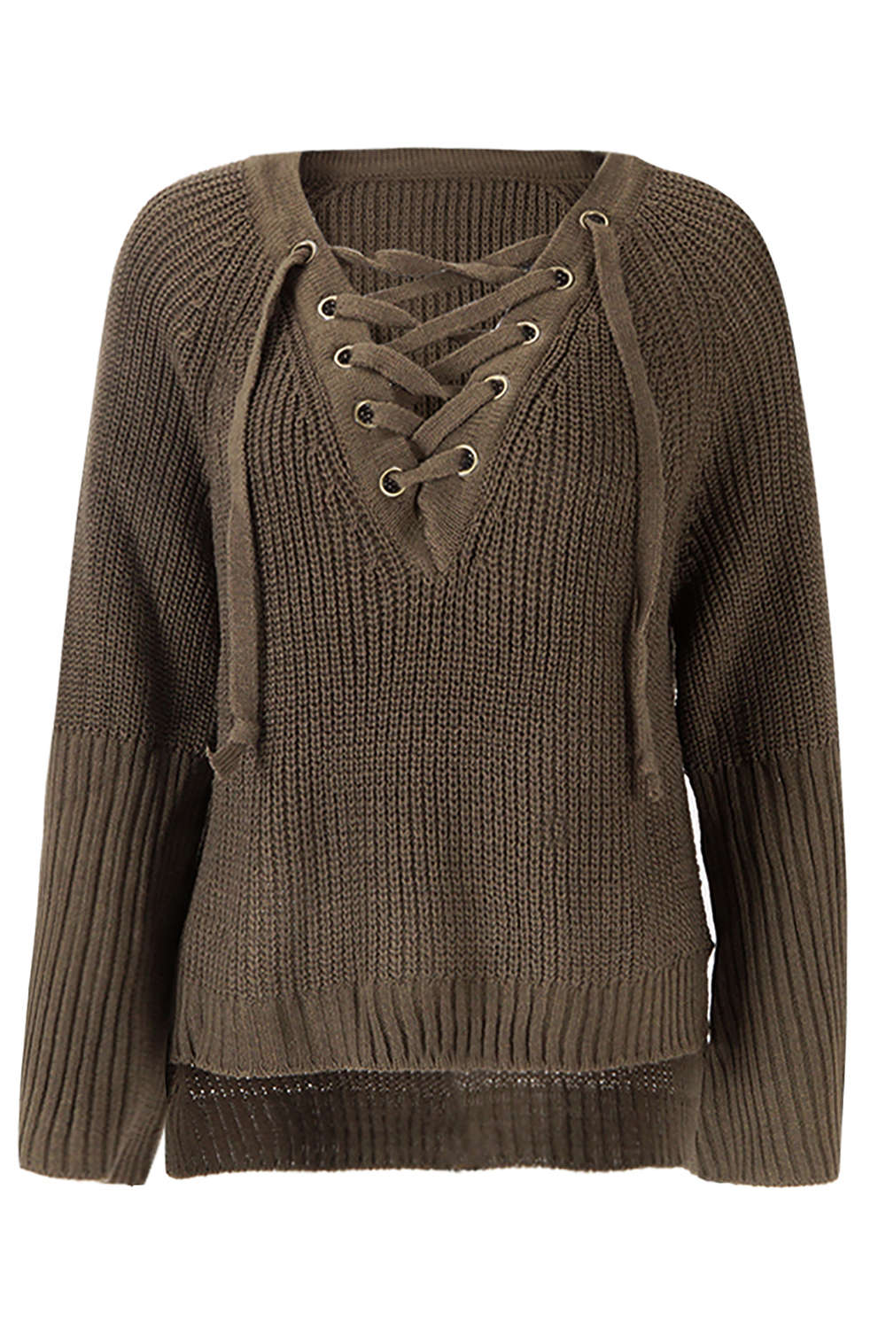 Iyasson Women's Long Flare Sleeve Lace up V Neck High Low Knit Sweater