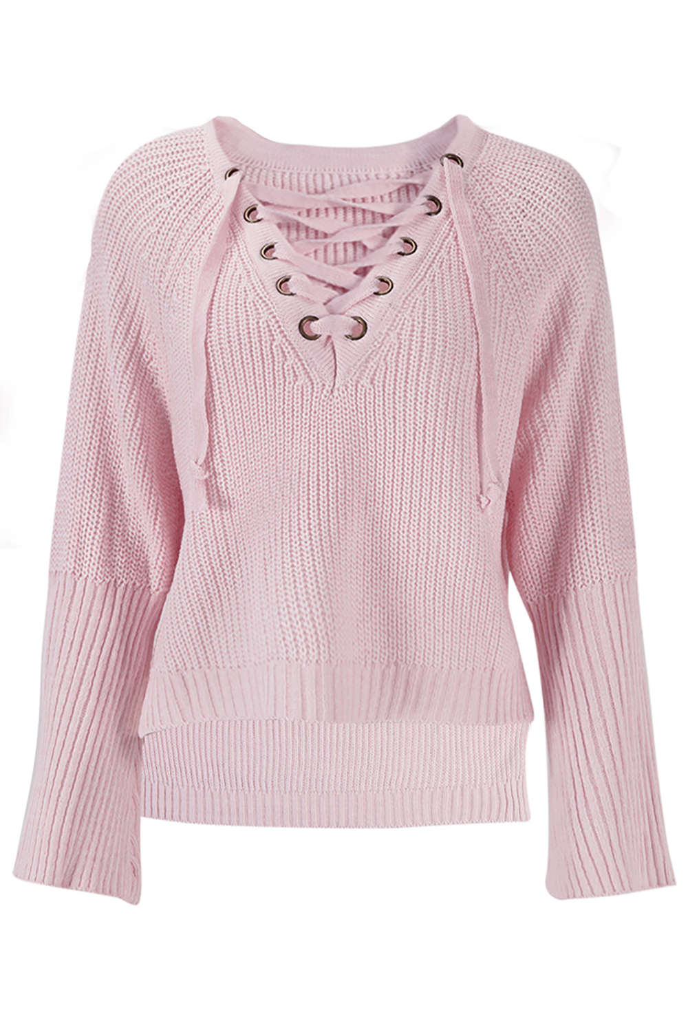 Iyasson Women's Long Flare Sleeve Lace up V Neck High Low Knit Sweater