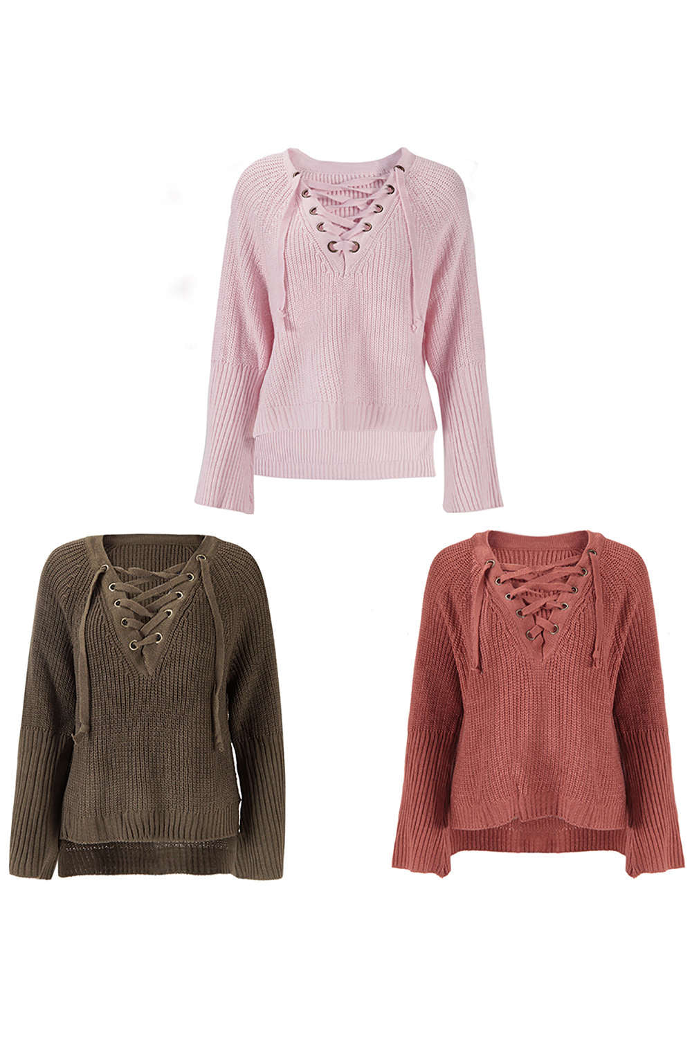 Iyasson Women's Long Flare Sleeve Lace up V Neck High Low Knit Sweater