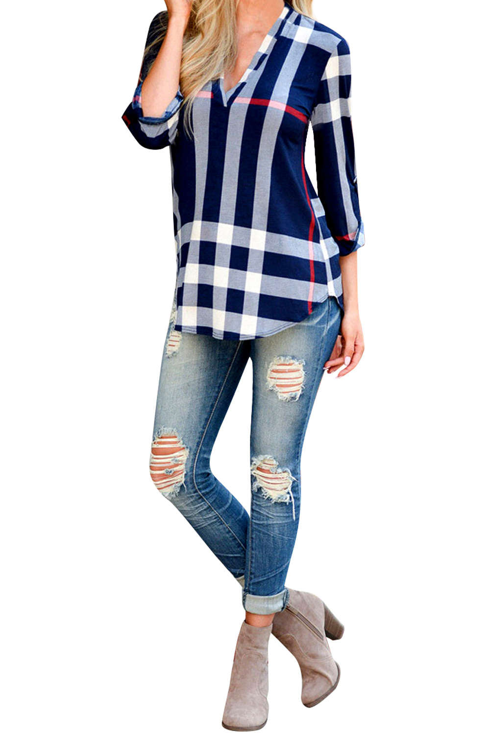 Iyasson Women's Plaid Print Hemden 3/4 Armel Bluse T-Shirt Oberteile Tops