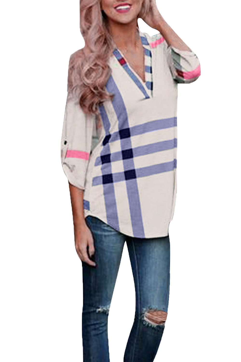 Iyasson Women's Plaid Print Hemden 3/4 Armel Bluse T-Shirt Oberteile Tops