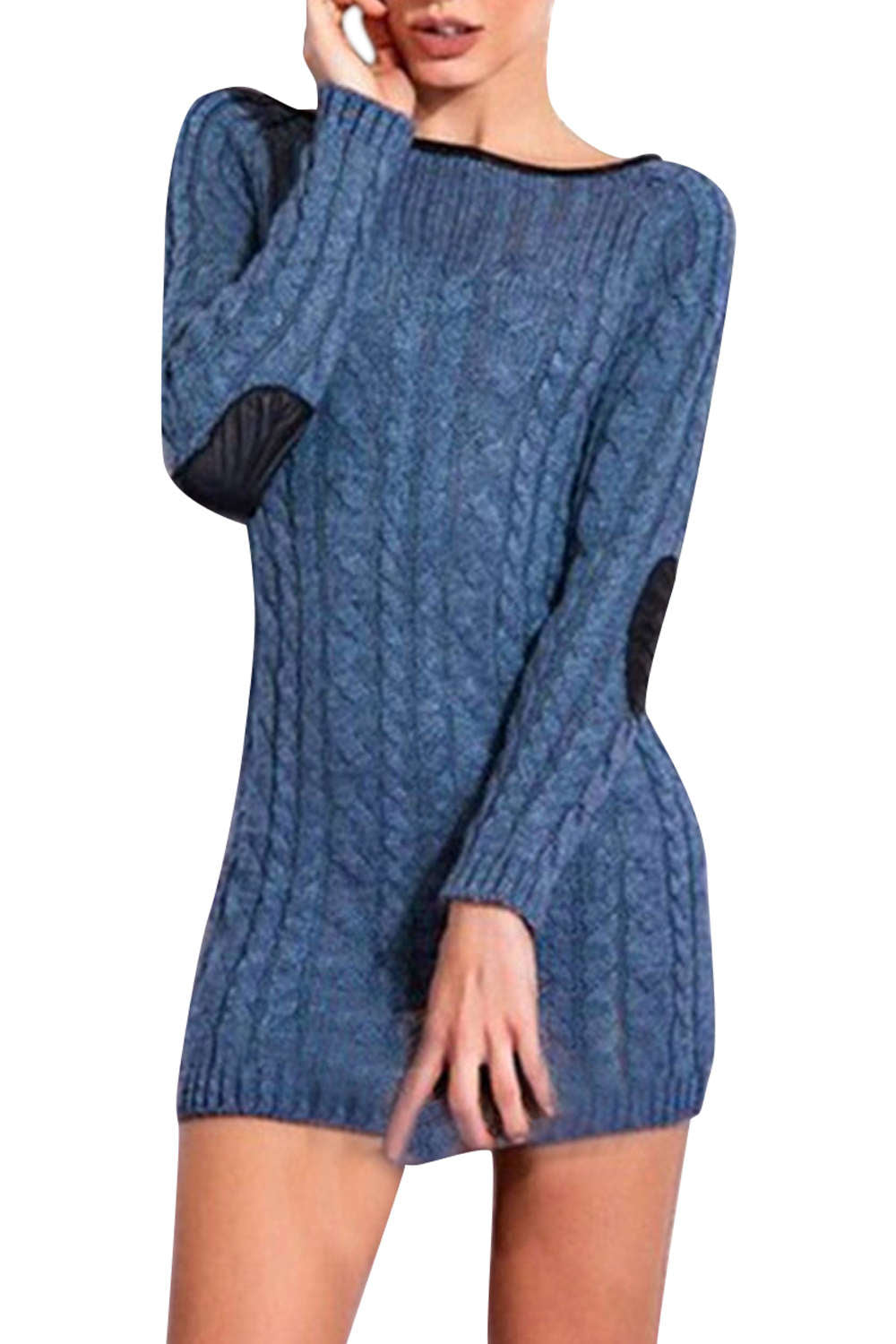 Iyasson Womens Long Sleeve Cowl Polo Neck Cable Knitted Jumper Mini Dress