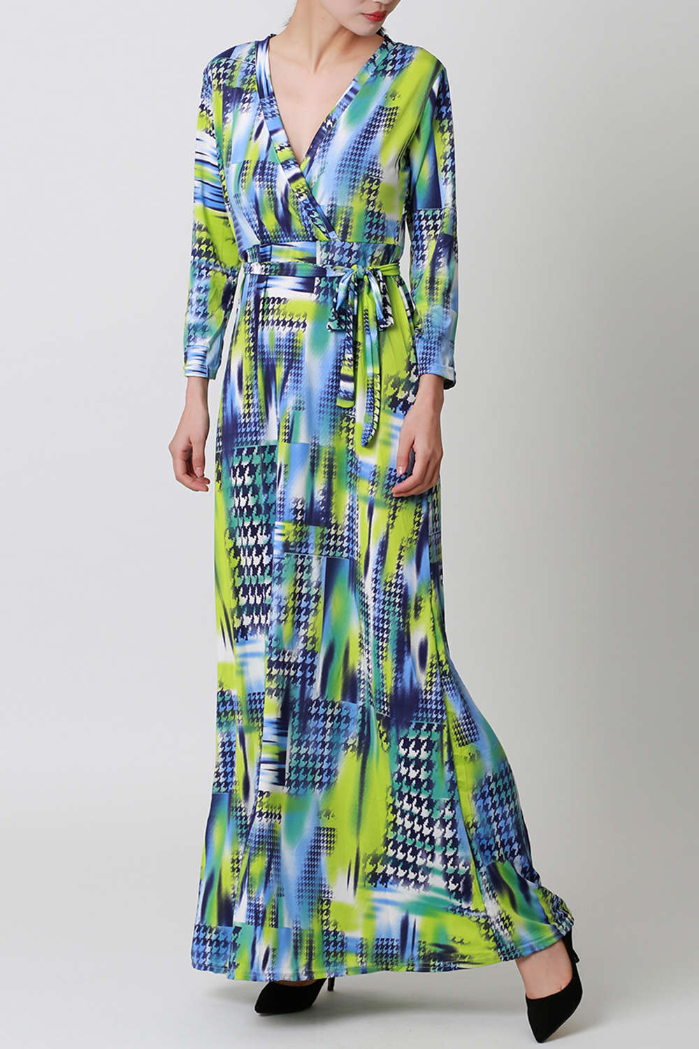 Iyasson Women Long Sleeve Print Long Slit Wrap Dresses