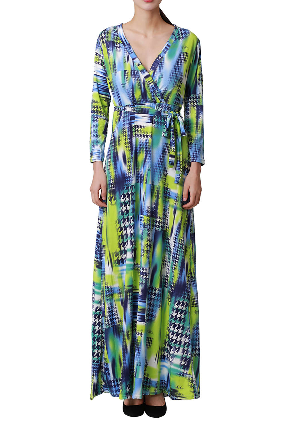 Iyasson Women Long Sleeve Print Long Slit Wrap Dresses