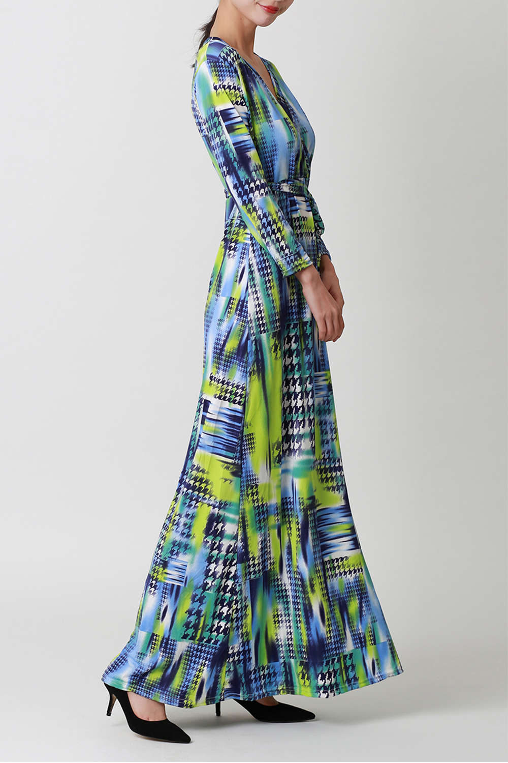 Iyasson Women Long Sleeve Print Long Slit Wrap Dresses