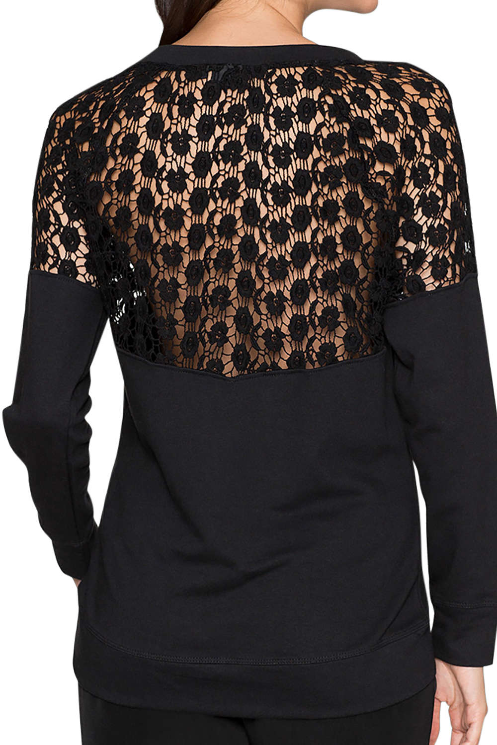 Iyasson Long Sleeve Round Neck Lace Splicing Top