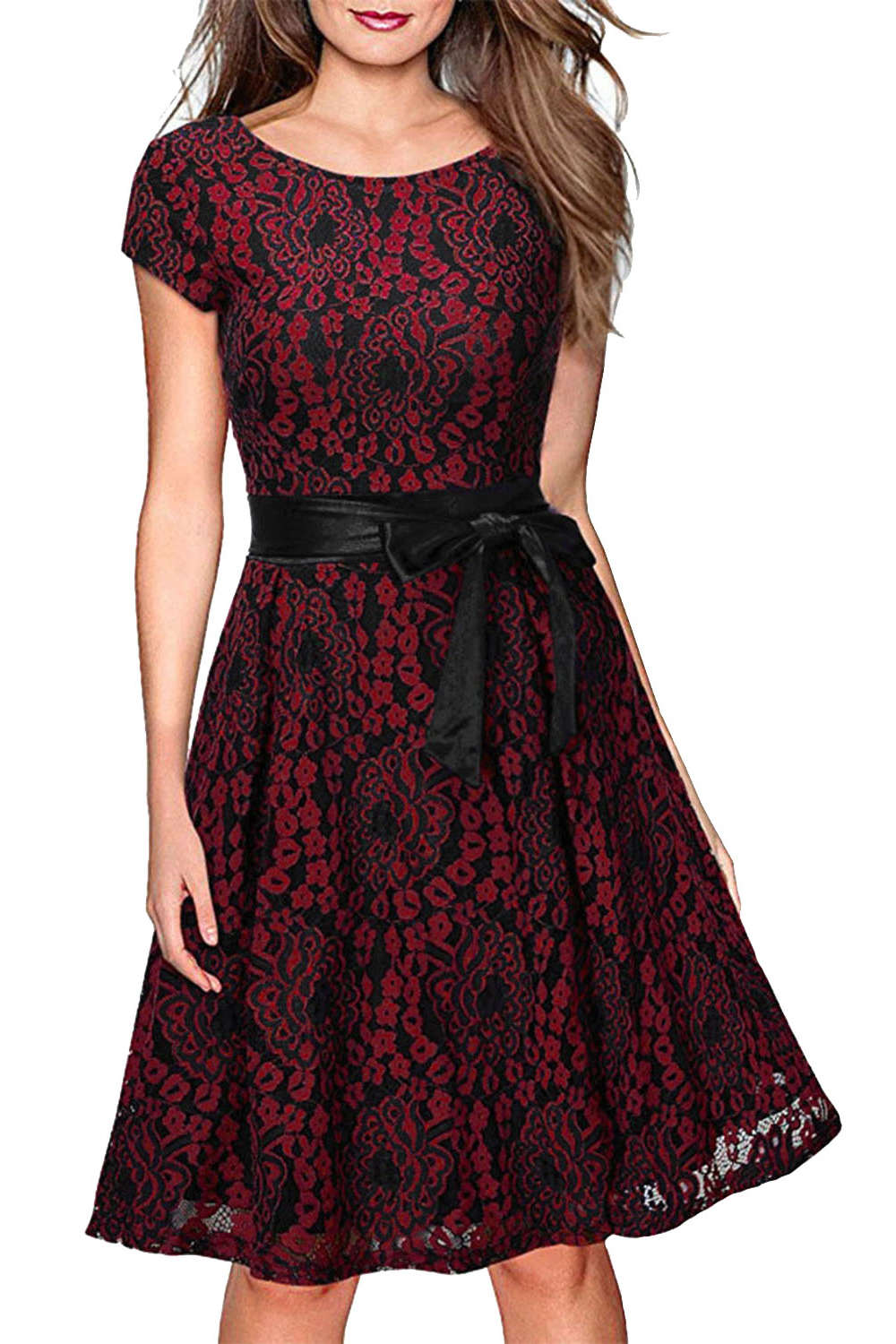 Iyasson Vintage Lace Short Sleeve Mini Dress