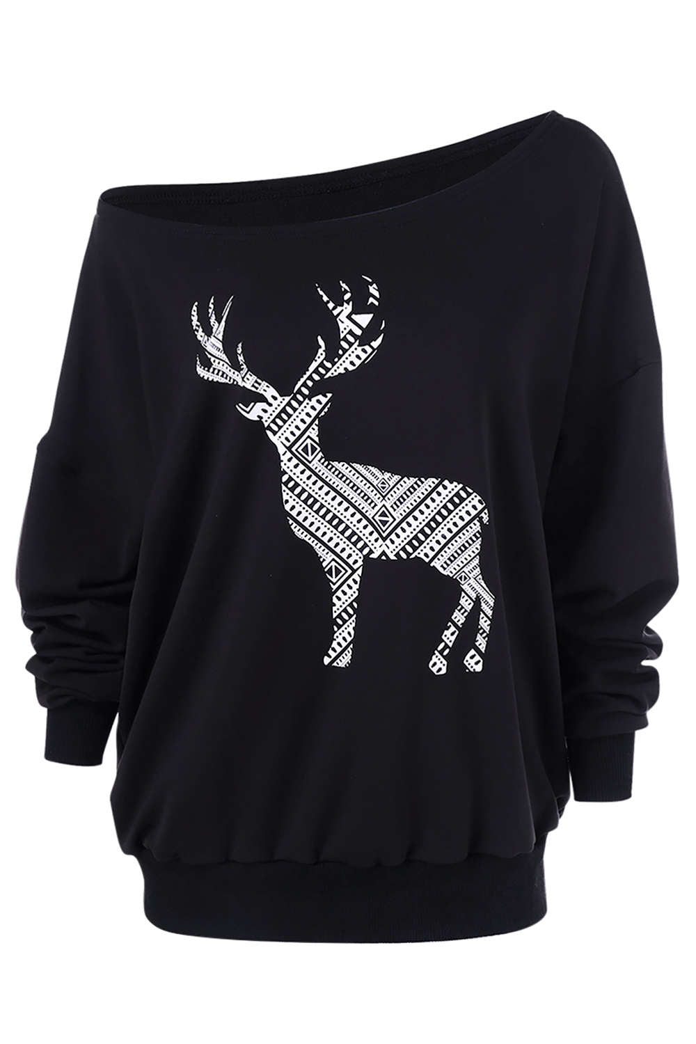 Iyasson Christmas Moose Printing One Shoulder Casual Hoodie