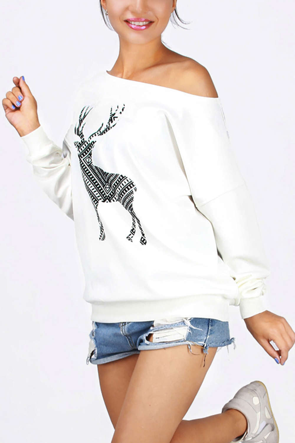 Iyasson Christmas Moose Printing One Shoulder Casual Hoodie