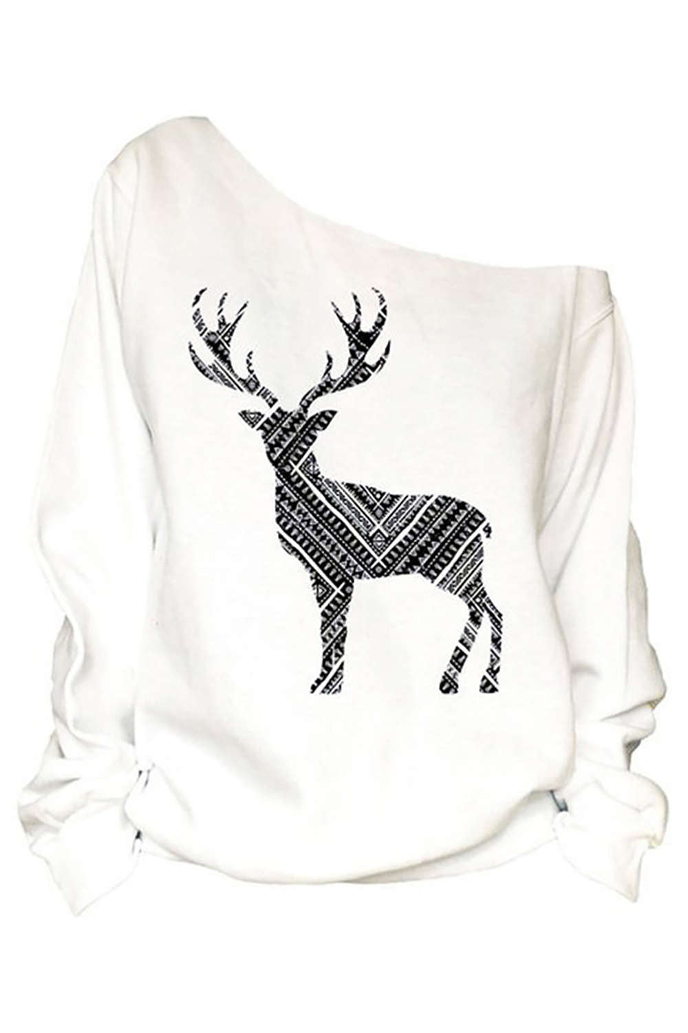Iyasson Christmas Moose Printing One Shoulder Casual Hoodie
