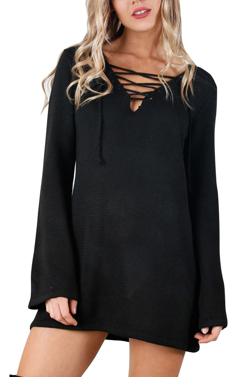 Iyasson Criss Cross V Neck Short Sweater Dress