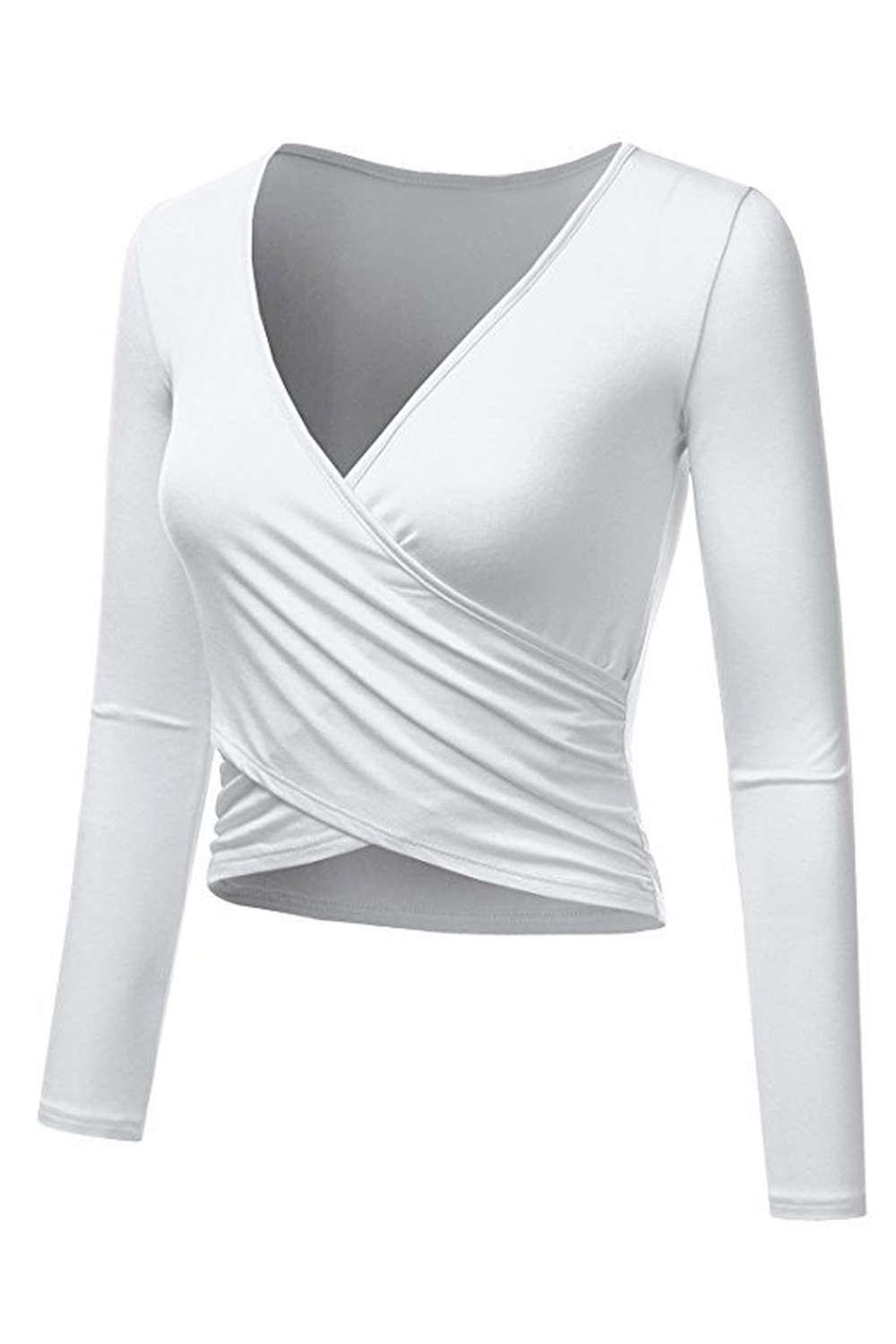 Iyasson Women's V-neck Long Sleeve Wrap Crop Tops