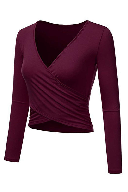 Iyasson Women's V-neck Long Sleeve Wrap Crop Tops