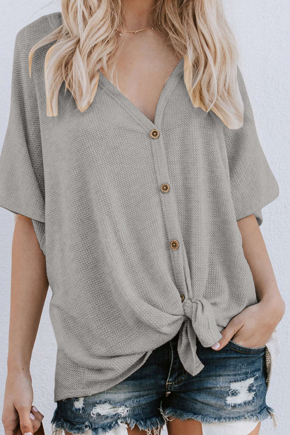 Iyasson Women Button Down Short Sleeve V Neck Loose Blouse