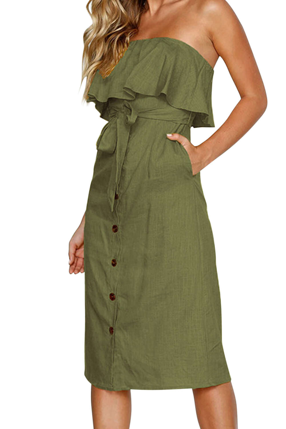 Iyasson Falbala Off Shouler Midi Shift Dress