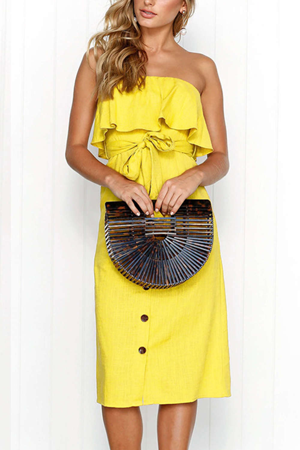 Iyasson Falbala Off Shouler Midi Shift Dress