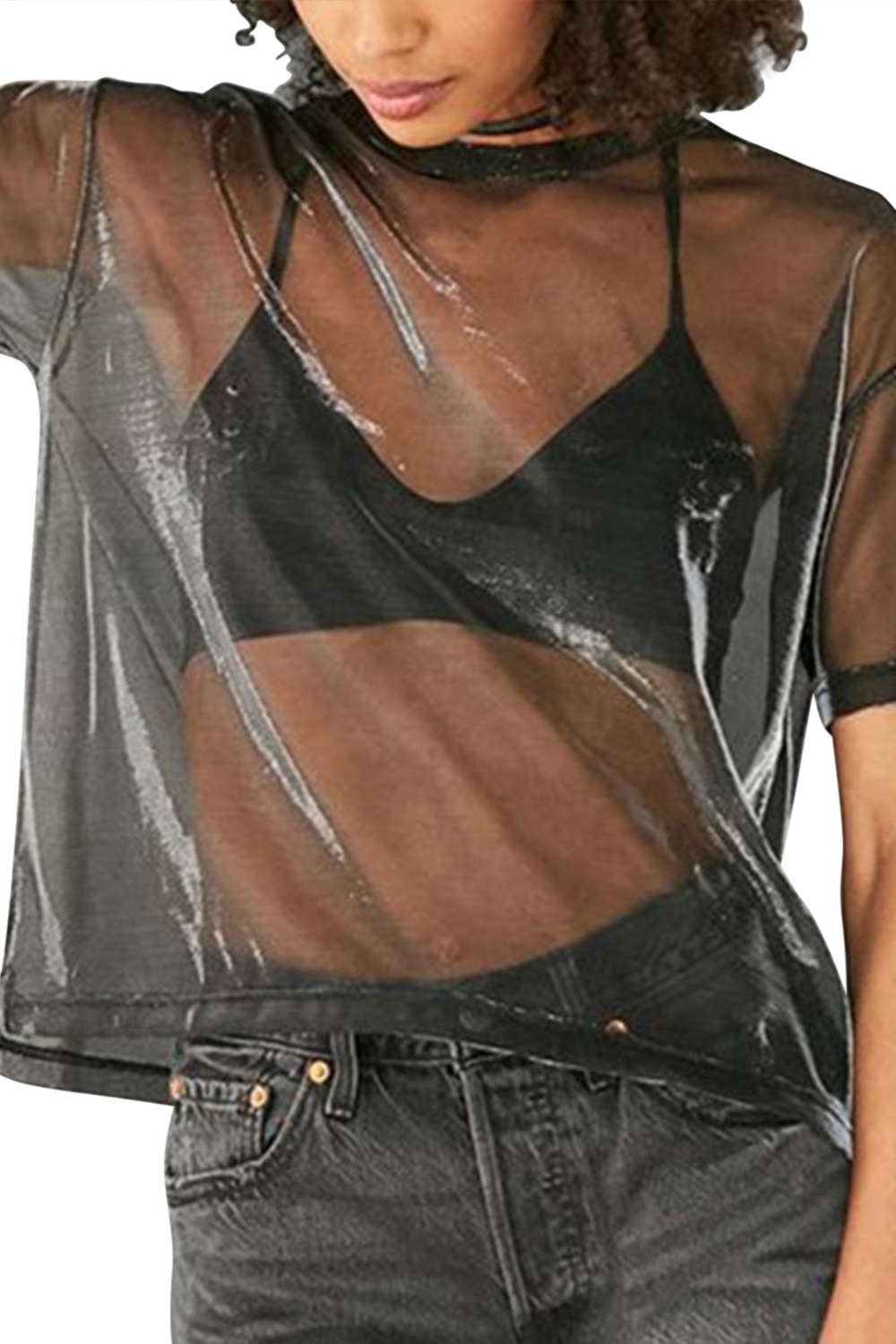 Iyasson Women Sexy See Through Sheer Mesh Tee Shirt