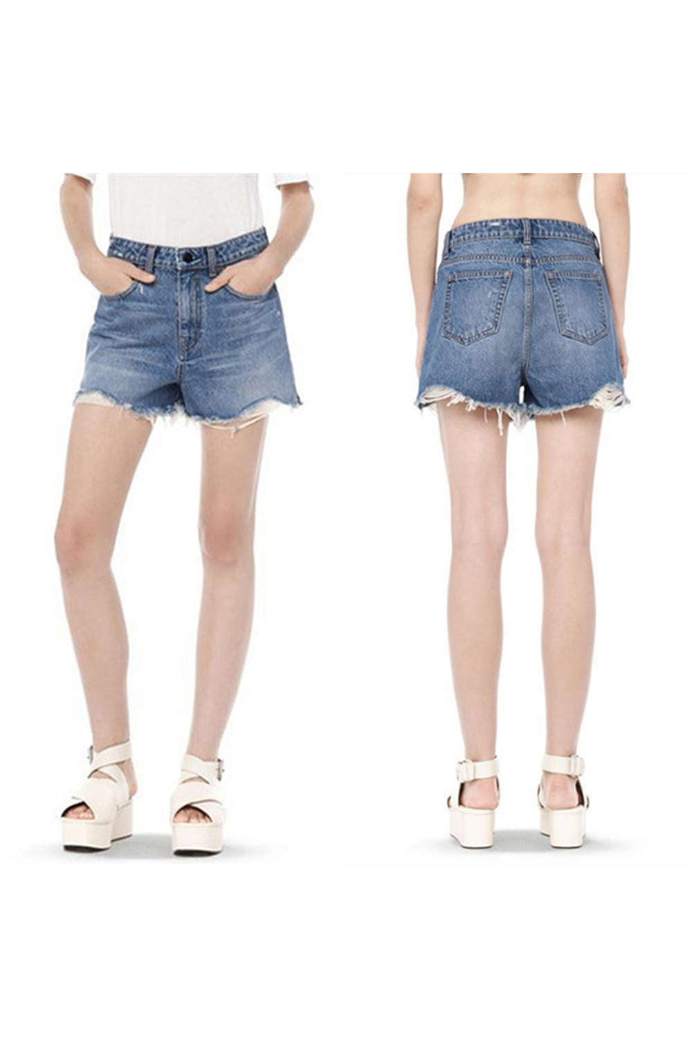 Iyasson Women's Ripped Fringe Hem High Waist Plain Hot Denim Shorts