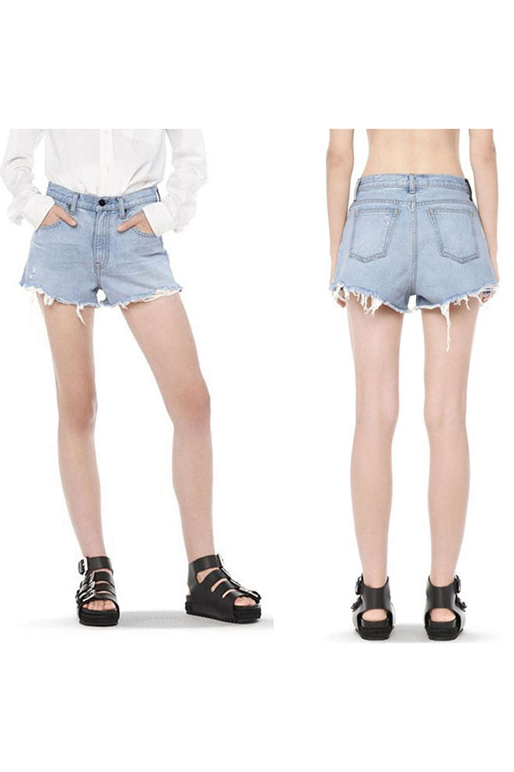 Iyasson Women's Ripped Fringe Hem High Waist Plain Hot Denim Shorts