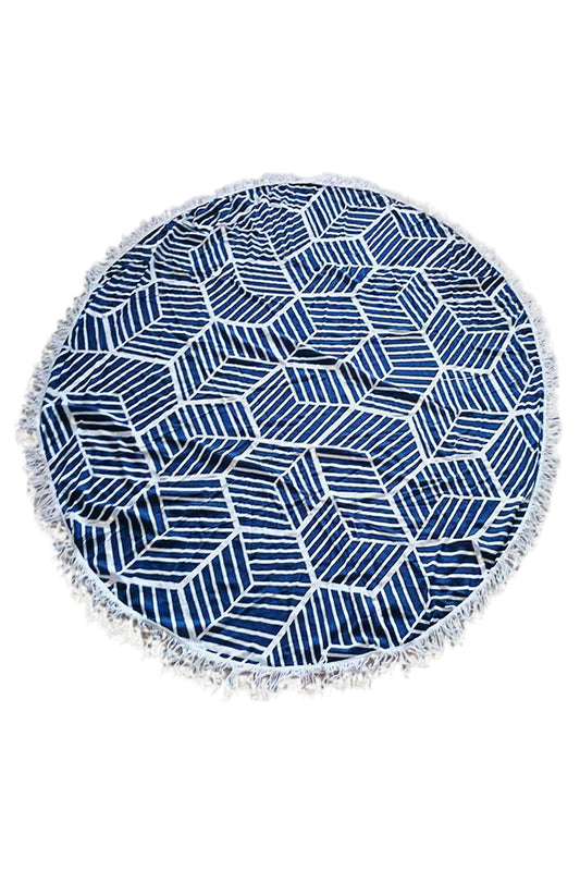 Iyasson Trendy Tassel Ornament Geometric Pattern Print Round Beach Towel
