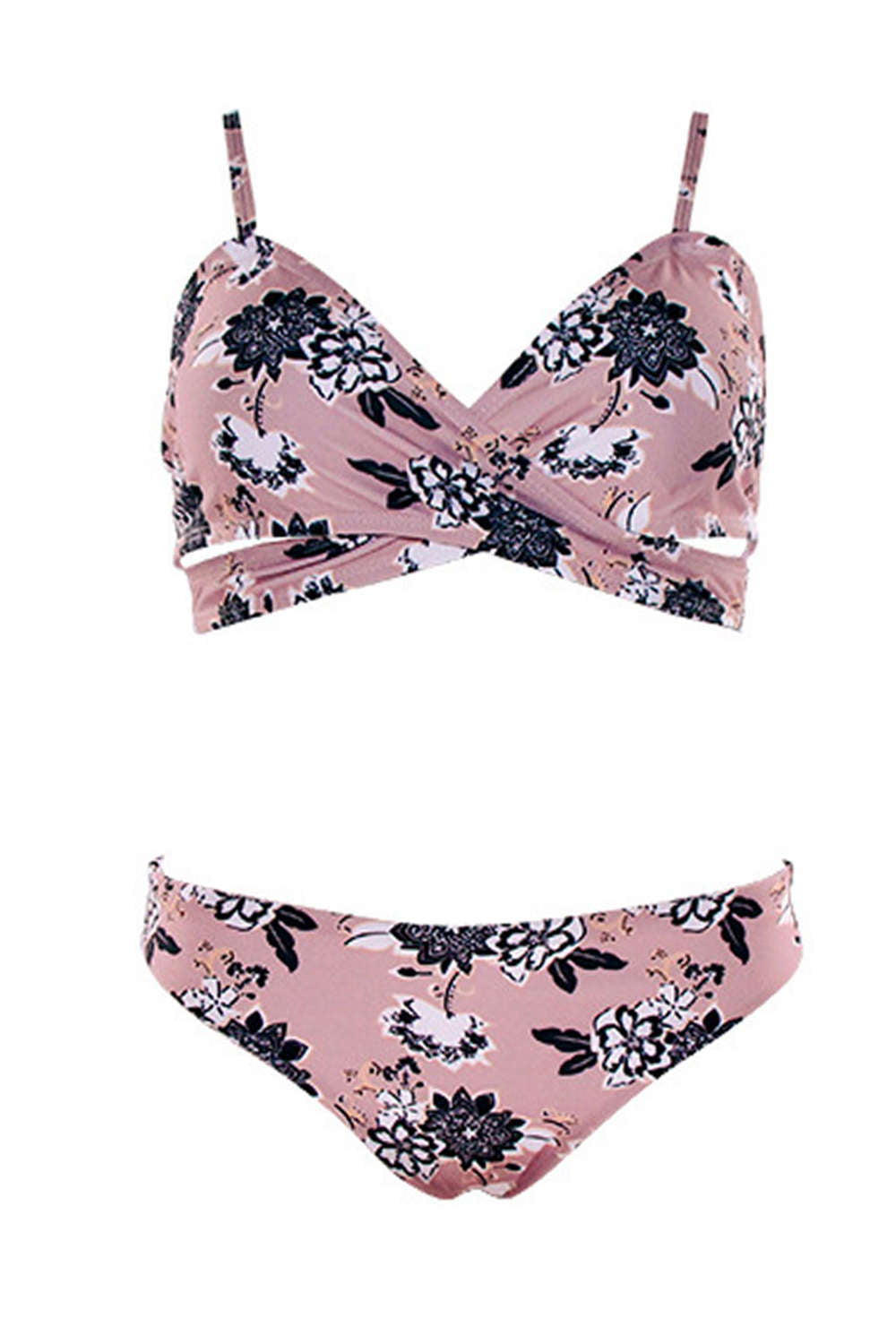 Iyasson Pink Floral Printing Front Cross Design Bikini Sets