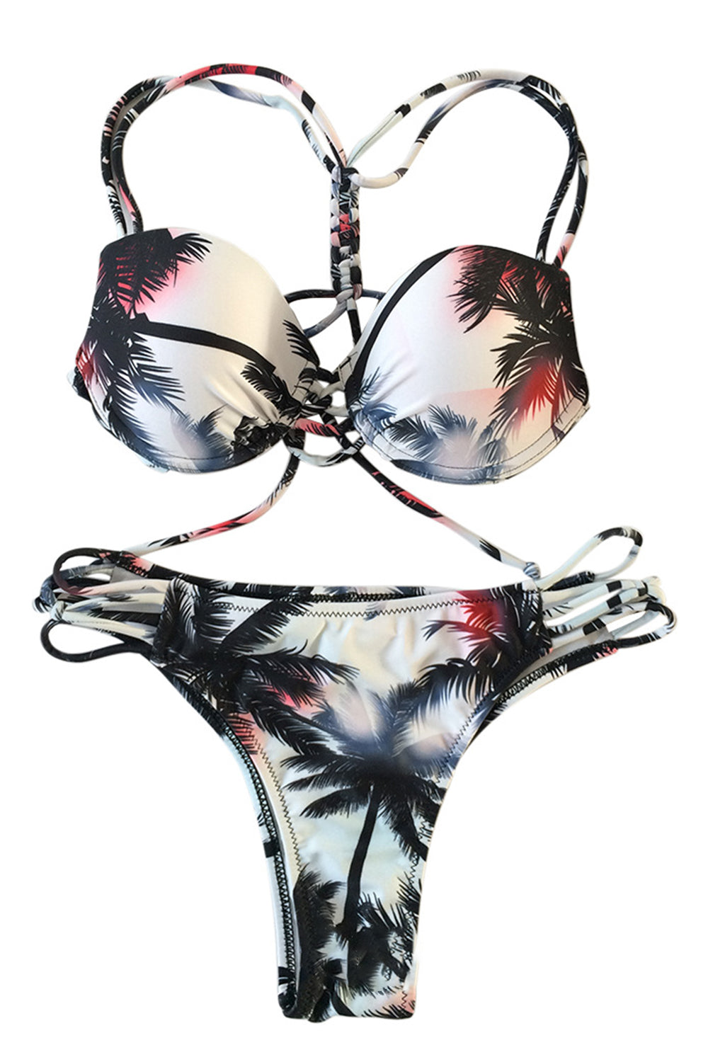 Iyasson Palm Leaves Printing Strappy Bikini Sets