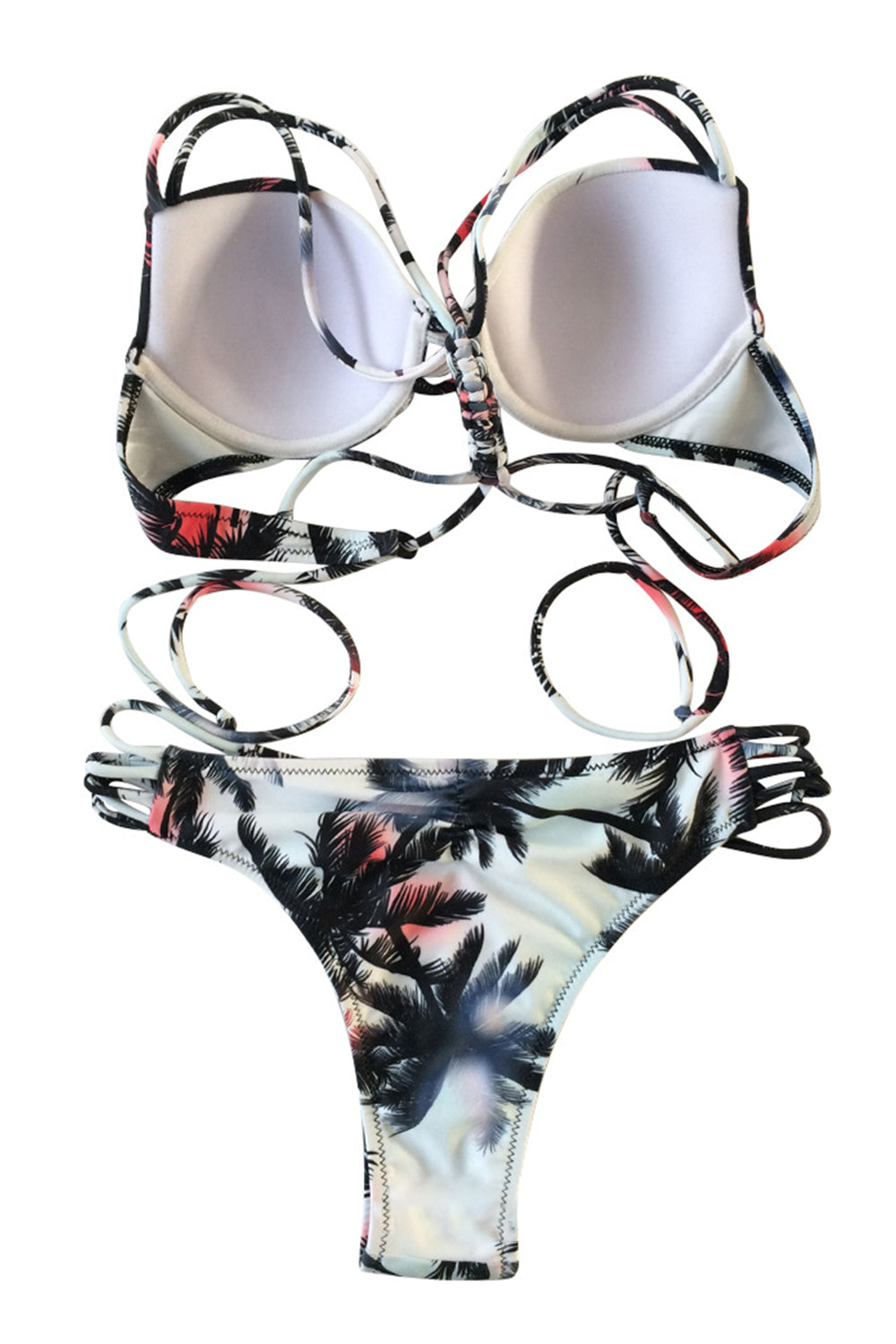 Iyasson Palm Leaves Printing Strappy Bikini Sets