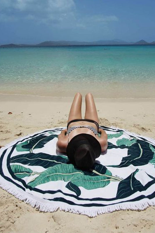 Iyasson Tropical Leaves Printing Round Beach Blanket