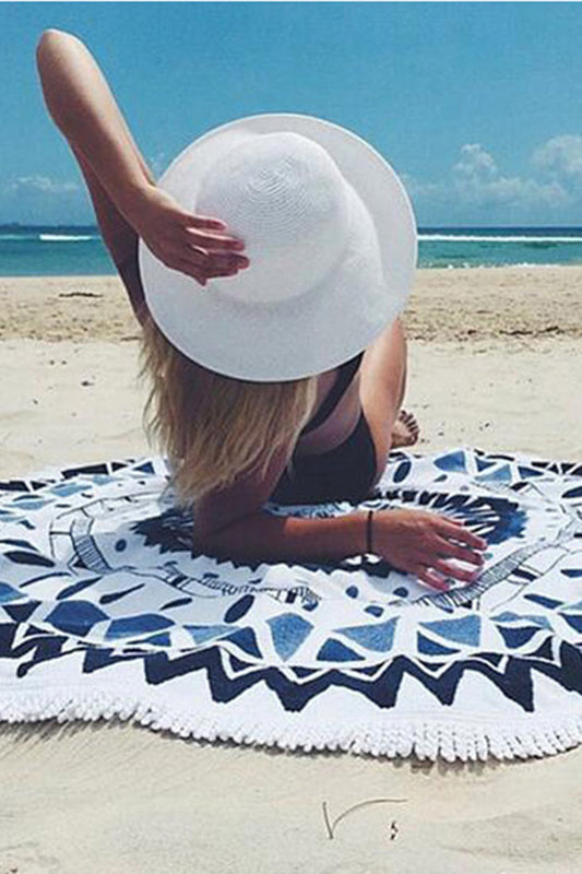 Iyasson Trendy Tassel Ornament Printing Round Beach Blanket