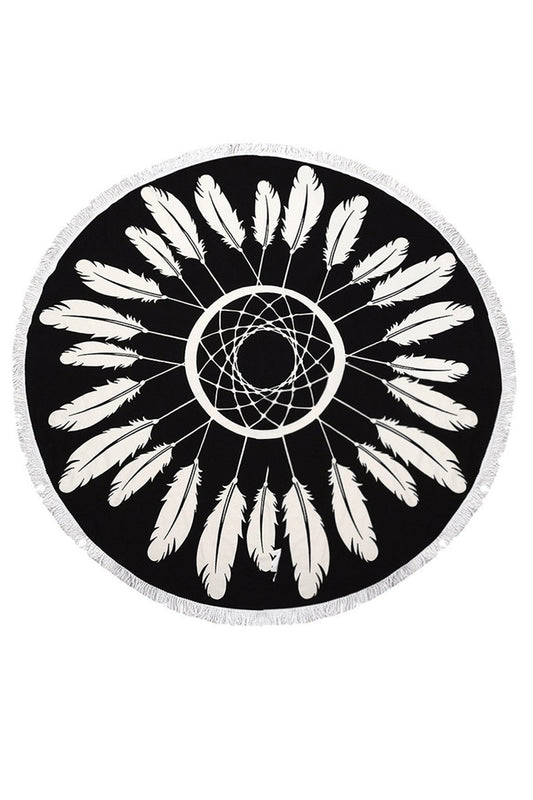 Iyasson Feather Printing With Tassel Ornament Round Beach Blanket