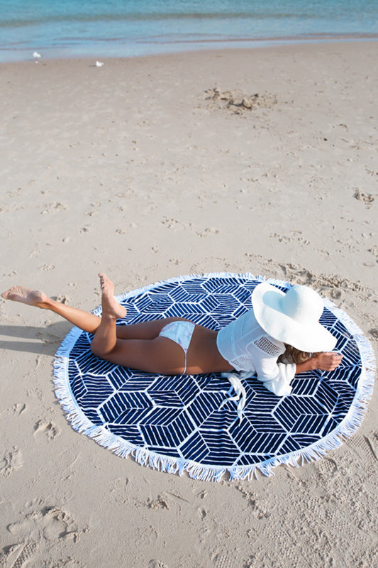 Iyasson Trendy Tassel Ornament Geometric Pattern Print Round Beach Towel