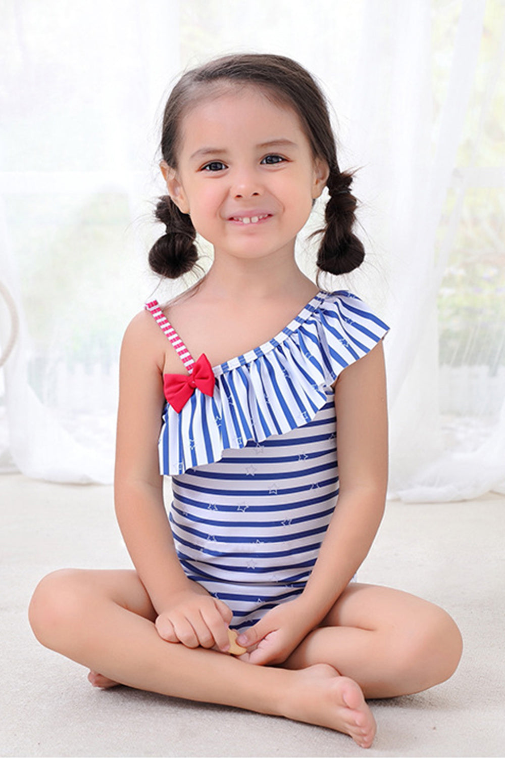 Iyasson Stripe Pattern Falbala Baby Girl Swimsuit