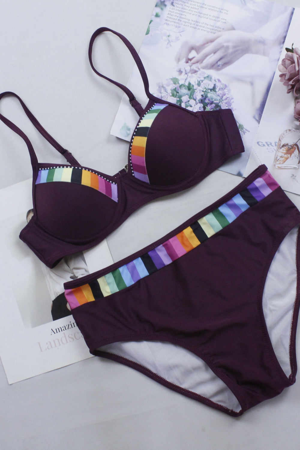 Women Sexy Black Push Up Rainbow Bikini Set